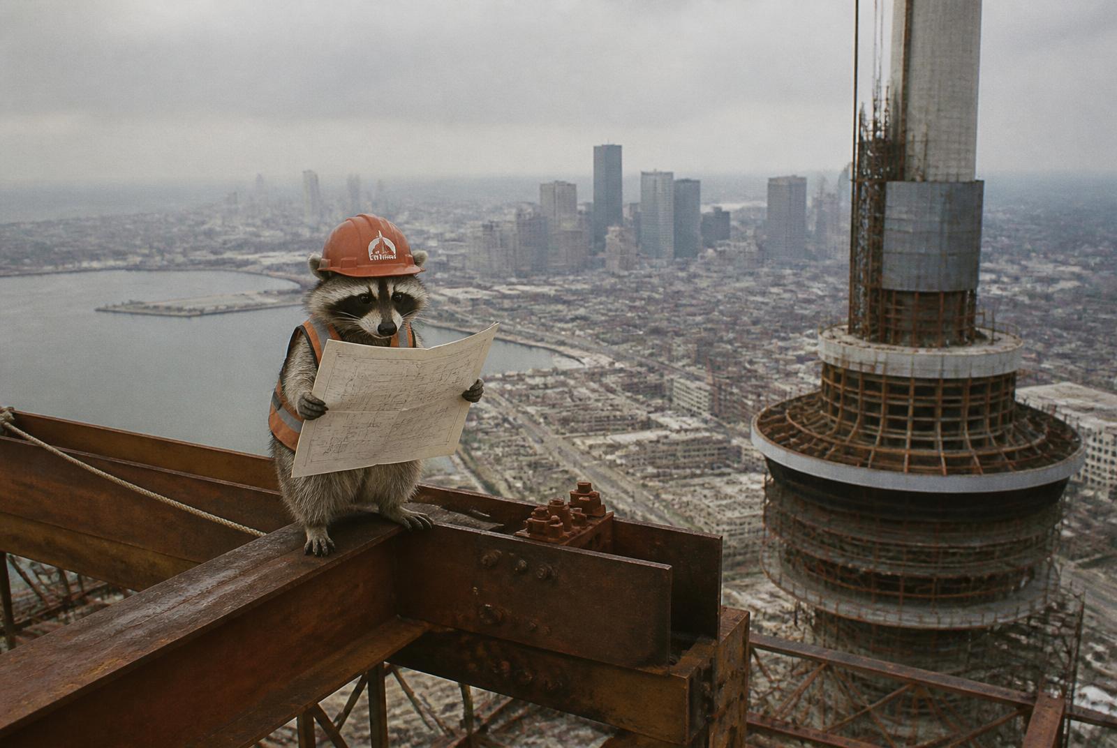 Even a little raccoon foreman would need a hard hat this high up — the builders here were the real heroes.