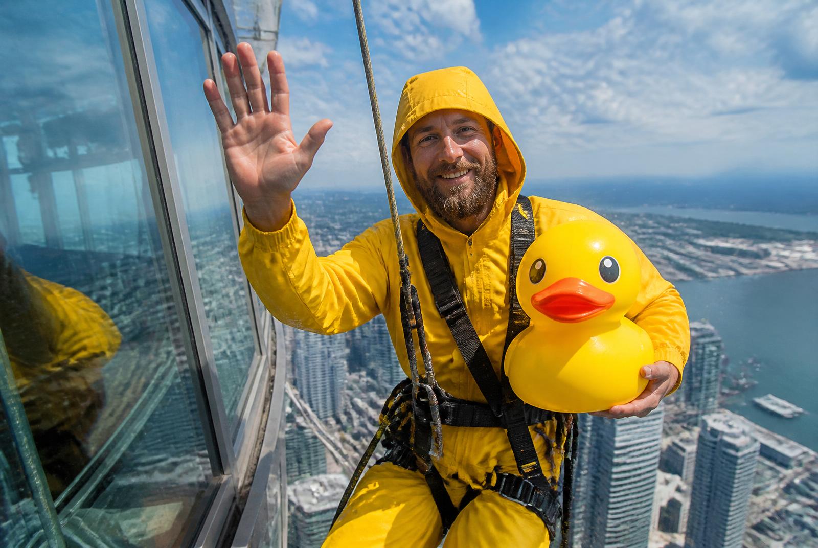 A brave window washer waves hello from way, way up on the tower — with a rubber duck for company!